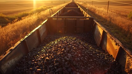 Canvas Print - Coal-Filled Train Carriages at Sunset