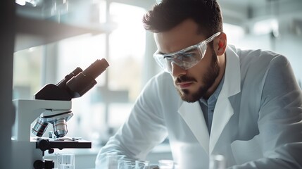 Poster - A Scientist Looking Through A Microscope In A Lab
