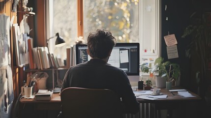 Poster - Person Sitting at Desk Working on Computer with Sunlight Streaming Through Window