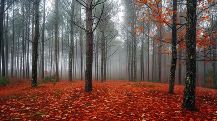 Sticker - A Misty Forest Floor Covered in Fallen Autumn Leaves