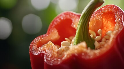 A macro shot of a red bell pepper sliced open, capturing the intricate details of the seeds and smooth flesh.