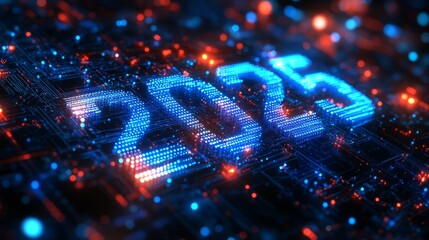 Poster - Cybernetic representation of the year 2025 in a futuristic digital landscape with vibrant lights