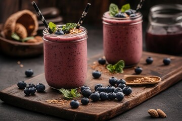 Two delicious blueberry smoothies in mason jars with fresh blueberries and mint, perfect for a healthy breakfast or snack.