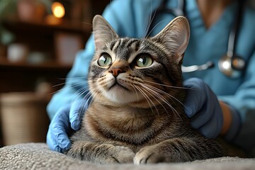 Gentle Hands, Confident Gaze: A tabby cat receives tender care from a veterinarian, its trusting expression capturing the bond between pet and caregiver.  