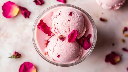 Deliciously creamy rose-flavored ice cream with delicate petal garnish served in a clear glass bowl