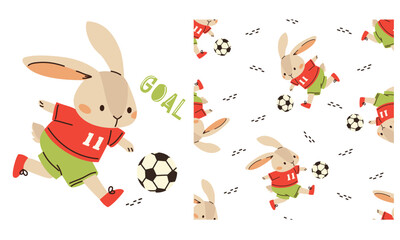 A set of vector prints for printing on children's products. Seamless vector pattern on white background on sports theme. Cute bunny playing soccer. Prints in children's style . Vector illustration