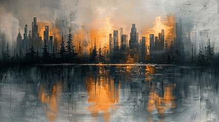 Poster - Abstract Cityscape Oil Painting Modern Art with Gold and Grey Tones