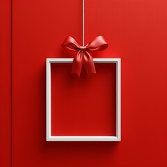 Minimalist white gift box frame on red background with elegant bow 3D present box icon modern holiday decoration design