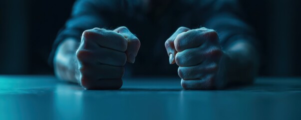 Poster - close-up image of clenched fists resting on a table, with visible veins emphasizing the intensity of tension and frustration.