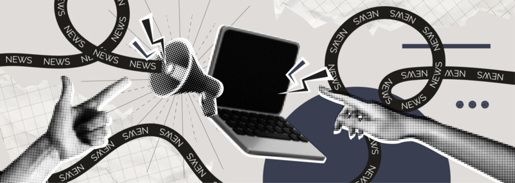 Trendy retro Halftone Collage with Megaphone, Laptop and Hand. Social media news and propaganda. Pop art design loudspeaker. Promotion banner with ripped paper. Conceptual composition