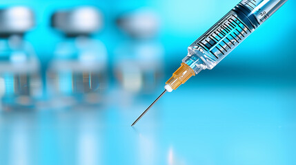 Poster - close up of syringe with needle, poised above reflective surface, captures essence of medical preparation. background features blurred vials, suggesting clinical environment