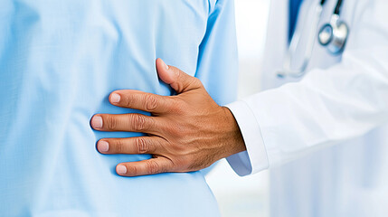 Poster - healthcare professional is gently placing hand on patients back, demonstrating care and attentiveness during medical examination. This moment reflects importance of patient comfort and trust in