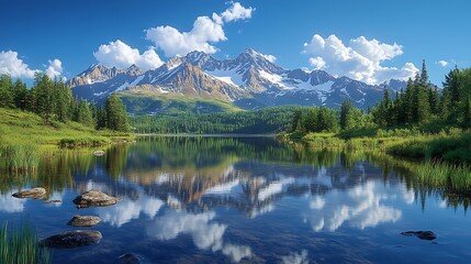 Poster - Mountain lake with reflection of snow-capped peaks and blue sky with white clouds on a sunny day.