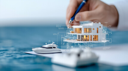 Poster - hand holding pen sketches modern architectural design over blueprint, with luxury yachts in foreground, symbolizing innovative eco friendly living
