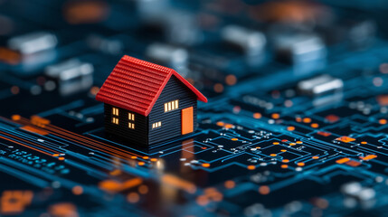 Poster - miniature house model sits on circuit board, symbolizing intersection of technology and home design. This captures essence of modern architecture and innovation