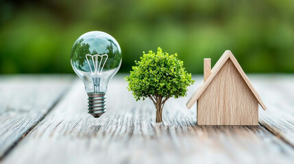 Aufkleber - Eco friendly concepts are represented by light bulb, small tree, and wooden house, symbolizing sustainability and green living