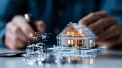 Poster - Innovative architects using AI technology to design eco friendly homes, showcasing digital model of house with intricate details and lighting