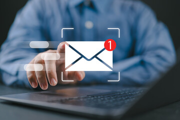 Leinwandbilder - Businessman sending email by laptop computer to customer, business contact and communication, email icon, email marketing concept, send e-mail or newsletter, online working internet network.