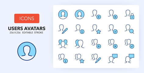 Line icons about user interface and avatars. Contains such icons as male, favorite, group and more. 256x256 Pixel Perfect editable in two colors