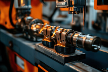 Canvas Print - Close-up of a CNC machine processing a metallic cylindrical component in an industrial setting, showcasing precision engineering and automated manufacturing.