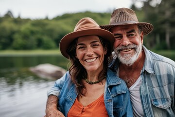 Poster - Portrait of a happy senior couple on a lake in the summer.