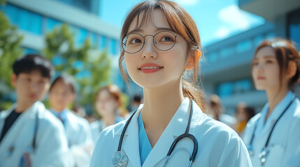 Wall Mural - Portrait of Asian female doctor in front of group of medical staff