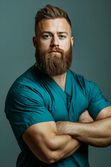 Canvas Print - A man with a beard wearing a blue scrub suit