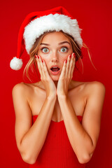 Poster - A woman in a red dress and a santa hat covering her face with her hands