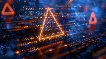 Poster - 3D Rendering of Digital Code Background with Orange Triangle Warning Sign, Security Data Protection, Cyber Attack, Bright Light on Dark Blue Background