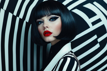 Canvas Print - A woman with black hair and red lipstick in front of a black and white striped wall