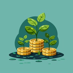 Growing Plants on Stacked Gold Coins Representing Financial Growth Investment Savings and Profit