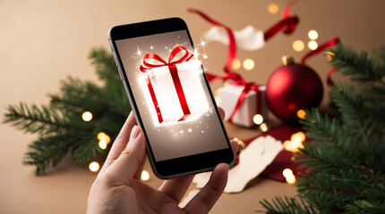 Hand holding smartphone with glowing Christmas gift box with ribbons on festive theme background. Christmas online shopping, ordering gifts in online store