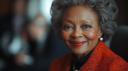 Poster - Woman wearing orange shirt. She is smiling. There are other people in the background. older black woman casually sharing a laugh with colleagues in an office