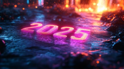 Poster - Digital aurora borealis illuminating a glowing 2025 on a textured surface at night
