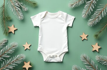 Christmas white baby girl or boy bodysuit mockup flat lay with wooden stars and xmas tree branches on light green background. Design onesie template, print presentation mock up. Top view.