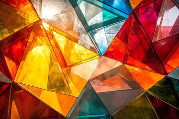 A close-up shot of colorful glass panels forming a geometric pattern, illuminated by sunlight.