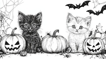 Two charming kittens pose beside Halloween pumpkins and bats in this black and white festive illustration. Perfect for Halloween-themed designs, invitations, and greeting cards.