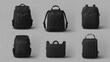 © Who is Santi - A set of realistic black backpack mockups, shown from different perspectives such as front, back, and isometric views.