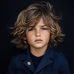 Poster - Portrait of a Young Boy with Wavy Brown Hair and Blue Eyes