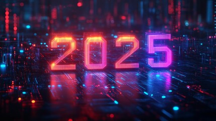 Poster - Intertwined numbers representing the year 2025 against a vibrant cybernetic background