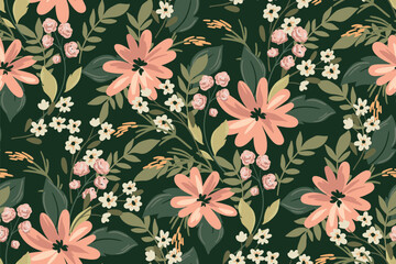 Seamless floral pattern, elegant ditsy print, abstract ornament with green blooming field in retro motif. Pretty botanical design: small hand drawn wild flowers, grass, leaves. Vector illustration.