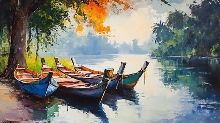 Wall Mural - Oil Painting of Boats on a River in a Lush Tropical Landscape.