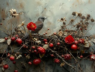 Canvas Print - A Bird Among Dried Flowers and Berries - A Still Life Photography