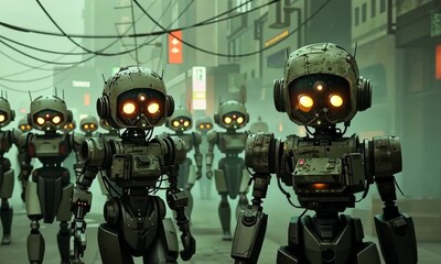 Aufkleber - A group of robots are walking down a street Video