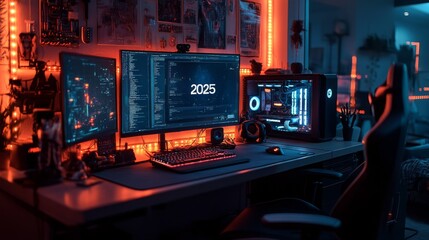 Poster - Modern gaming setup featuring LED lights and dual monitors in a cozy space at night
