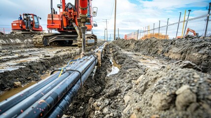 Construction Equipment Installing Underground Cables in a Trench
