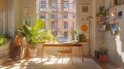 Canvas Print - Bright and Cozy Home Office with Green Plants