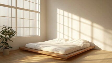 A minimalist bedroom with a low platform bed, illuminated by soft evening light streaming in, casting gentle shadows on the white walls and wooden floors