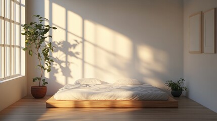 A minimalist bedroom with a low platform bed, illuminated by soft evening light streaming in, casting gentle shadows on the white walls and wooden floors