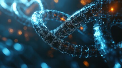 3D visualization of a blockchain concept integrated with DNA strands, symbolizing the use of biotechnology for innovative data storage and bioinformatics systems.